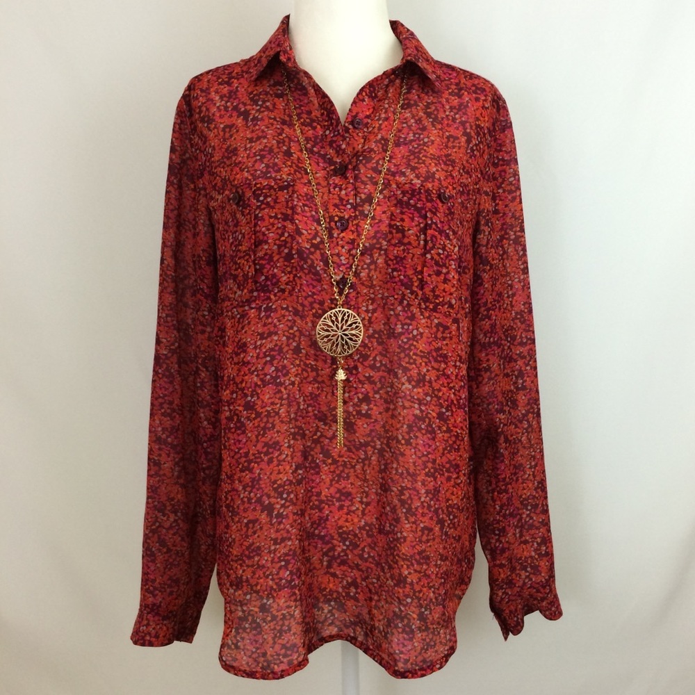 🎈3/$20 LOFT Wine Semi-Sheer Button Up Long Sleeve - Picture 1 of 5